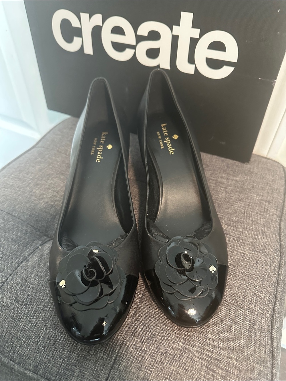 kate spade Black Patent Floral Appliqué Ballet heels
